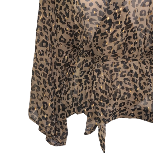 VINCE CAMUTO Leopard Print Sheer Metallic Gold Wrap Kimono Top One Size NEW - Picture 2 of 11